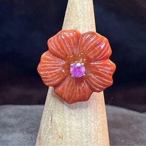 NWT Carved Red Jade & Niassa Ruby Primrose Floral Ring Yellow Gold /Sterling